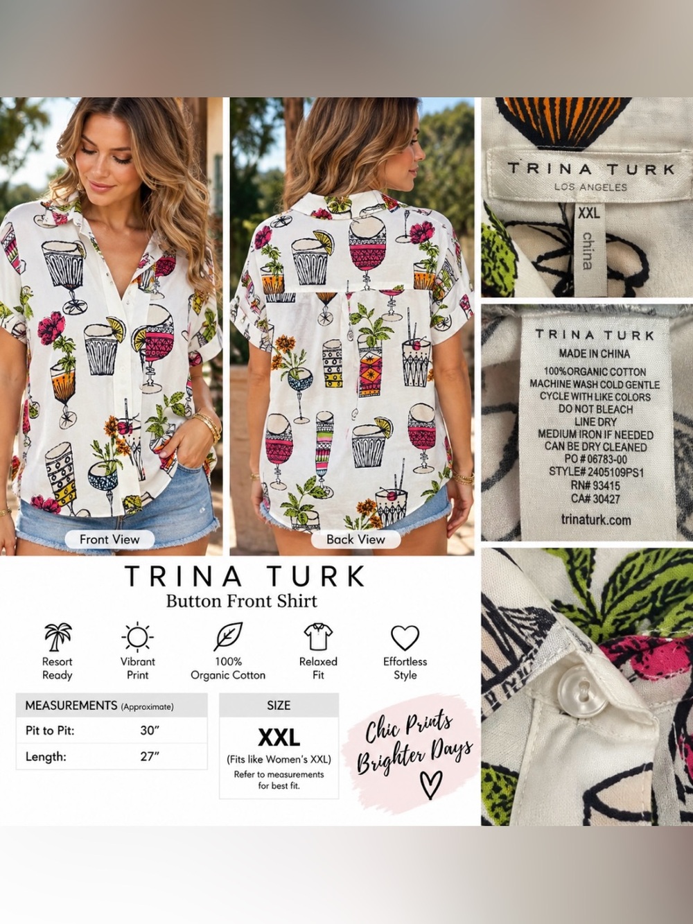 Trina Turk White Cocktail Print Button-Front Shirt